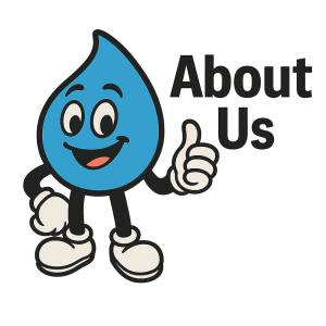 Drippy, the Drainrite mascot, giving a thumbs up beside the ‘About Us’ title, representing Drainrite Sewer & Drain Cleaning Co. in Saskatoon