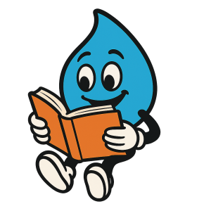 Drippy the Drainrite mascot sitting and reading an orange book, illustrated in a friendly cartoon style with a transparent background.